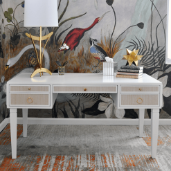 Contrasting natural grasscloth drawers add an organic feel to this timeless, matte white lacquer frame.