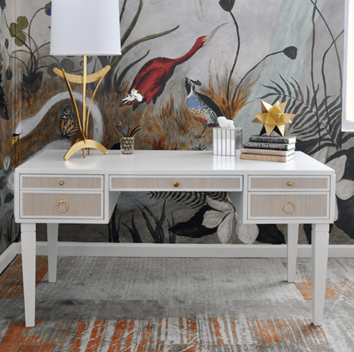 Contrasting natural grasscloth drawers add an organic feel to this timeless, matte white lacquer frame.