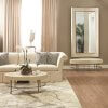 Curved white hair on hide floor mirror lifestyle.