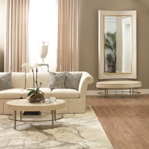 Curved white hair on hide floor mirror lifestyle.