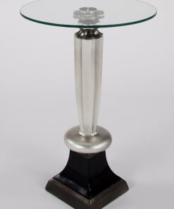 Silver pedestal side table with glass top.