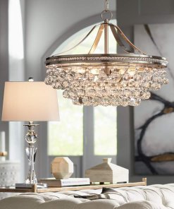 A shimmering five-light pendant chandelier with an array of clear crystal accents and a brushed nickel frame.