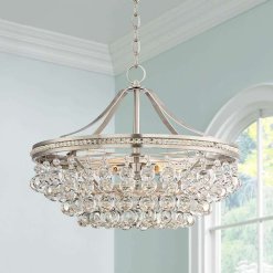 Chandelier with round droplets all around dangling from a brushed nickel round frame.