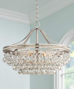 Chandelier with round droplets all around dangling from a brushed nickel round frame.