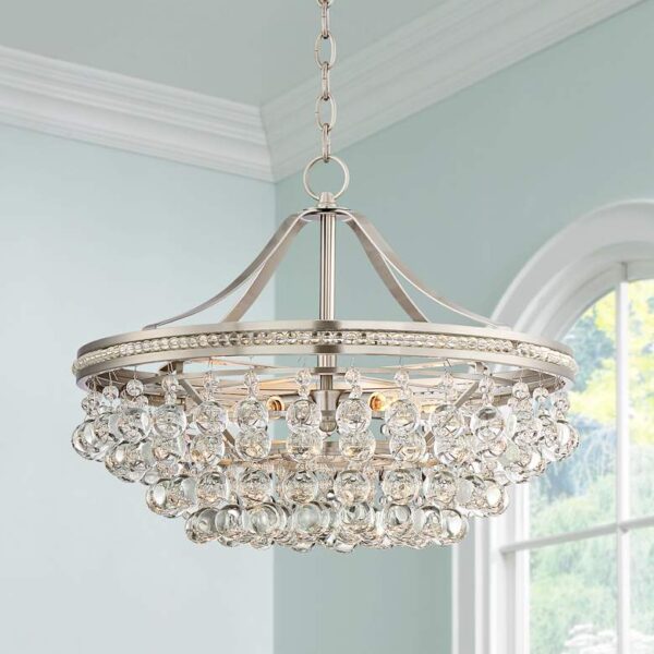 Chandelier with round droplets all around dangling from a brushed nickel round frame.