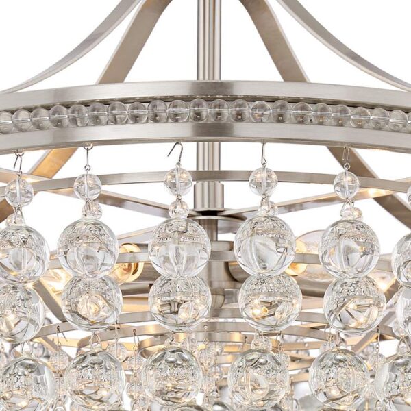 Closeup of the round crystal droplet chandelier.