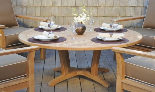 Chat Table - 55" shown with dinnerware closeup.