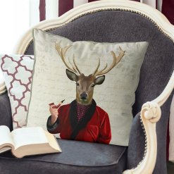 Woodland deer in a red smoking jacket pillow