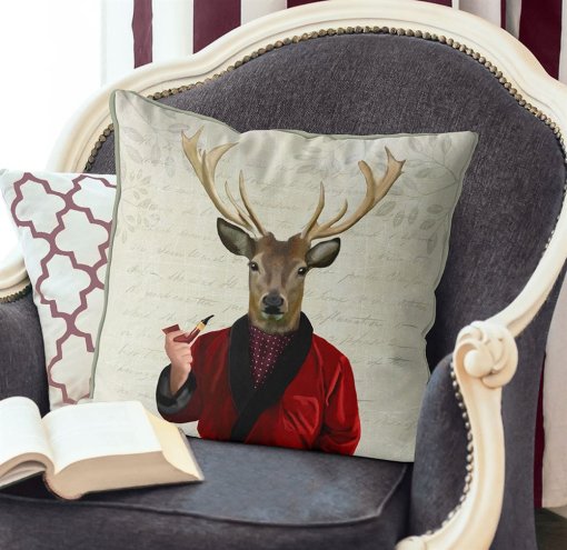 Woodland deer in a red smoking jacket pillow