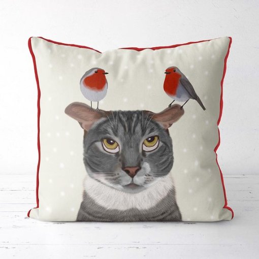 Snowy Cat & Birds Pillow