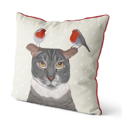 Snowy Cat & Birds Pillow - Image 3