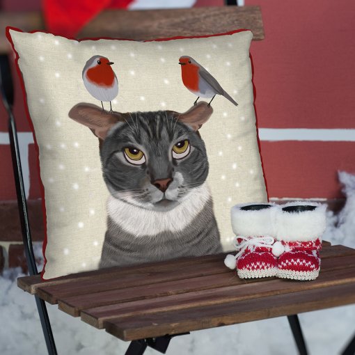 Snowy Cat & Birds Pillow - Image 2