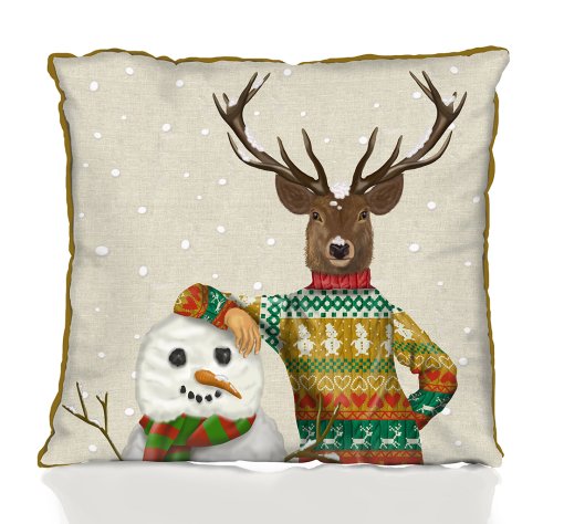 Christmas Deer & Snowman Pillow