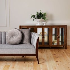 Channel Back sofa deep channels of stitched, Silversmith fabric lifestyle view.