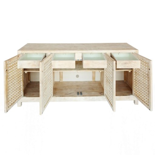 Driftwood credenza open doors/drawers view