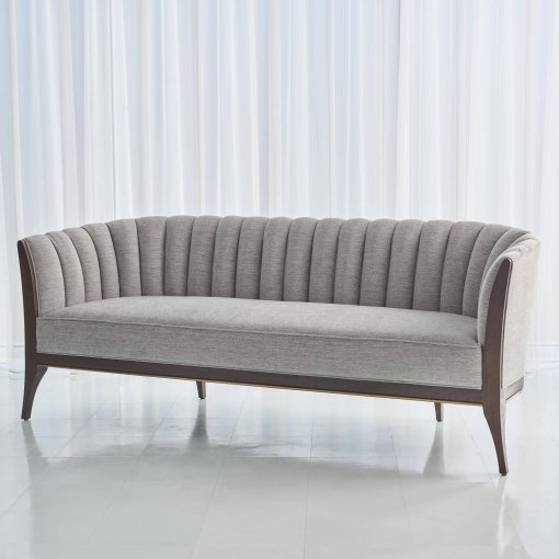 Channel Back sofa deep channels of stitched, Silversmith fabric. Angled front view.