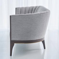 Channel Back sofa deep channels of stitched, Silversmith fabric. Side view.