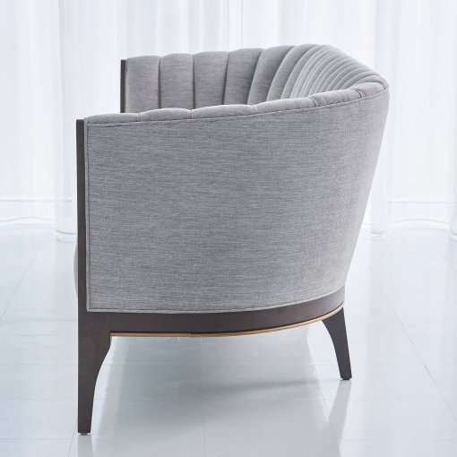 Channel Back sofa deep channels of stitched, Silversmith fabric. Side view.