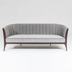 Channel Back sofa deep channels of stitched, Silversmith fabric. Front view.