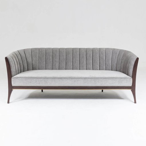 Channel Back sofa deep channels of stitched, Silversmith fabric. Front view.