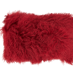 Red Mongolian fur pillow oblong shape.