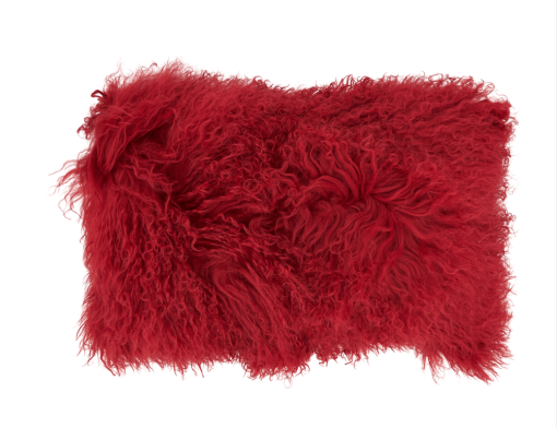 Red Mongolian fur pillow oblong shape.