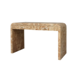 Burl wood desk in light finish angled view.