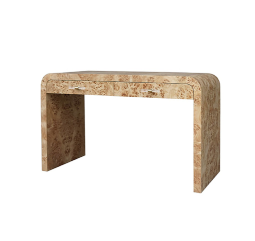Burl wood desk in light finish angled view.