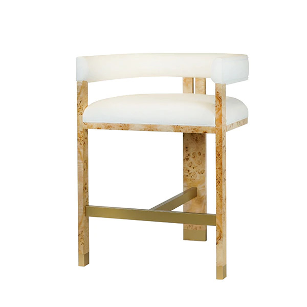 Burl Wood Bar Chair - White Linen Angle view