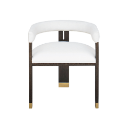 Perfectly tailored in crisp white linen upholstery|its oak|tri-leg frame showcases a dark espresso finish and brass ferrule hardware|all combining for a highly sought silhouette.