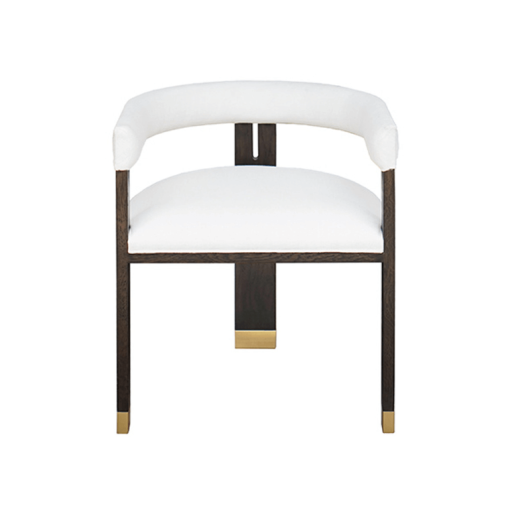 Perfectly tailored in crisp white linen upholstery|its oak|tri-leg frame showcases a dark espresso finish and brass ferrule hardware|all combining for a highly sought silhouette.