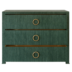 Getty cabinet - green grasscloth product shot front view with drawers open.
