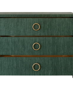 Getty cabinet - green grasscloth product shot front view with drawers open.