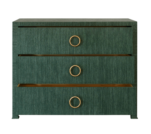 Getty cabinet - green grasscloth product shot front view with drawers open.