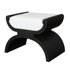 Asian flare stool with contrasting dark espresso finish and white linen cushion.