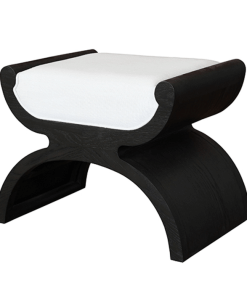 Asian flare stool with contrasting dark espresso finish and white linen cushion.