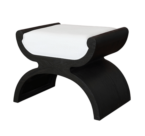 Asian flare stool with contrasting dark espresso finish and white linen cushion.