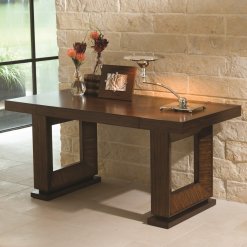 Made of wood and hardwood. Exotic zebra wood veneer. Dark walnut color stain. Finished with lacquer and a hand rubbed wax finish