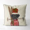 Holiday/Winter pillow featuring a black lab with a tasseled hat and a pair of skis.