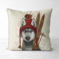 Husky with Skis Pillow