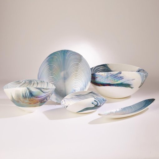 Ivory Turquoise Feather Swirl Murano Glass Oval Bowl (Large) - Image 2