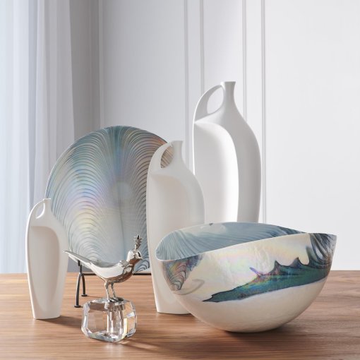Ivory Turquoise Feather Swirl Murano Glass Oval Bowl (Large) - Image 4