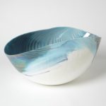 Ivory Turquoise Feather Swirl Murano Glass Oval Bowl (Large)