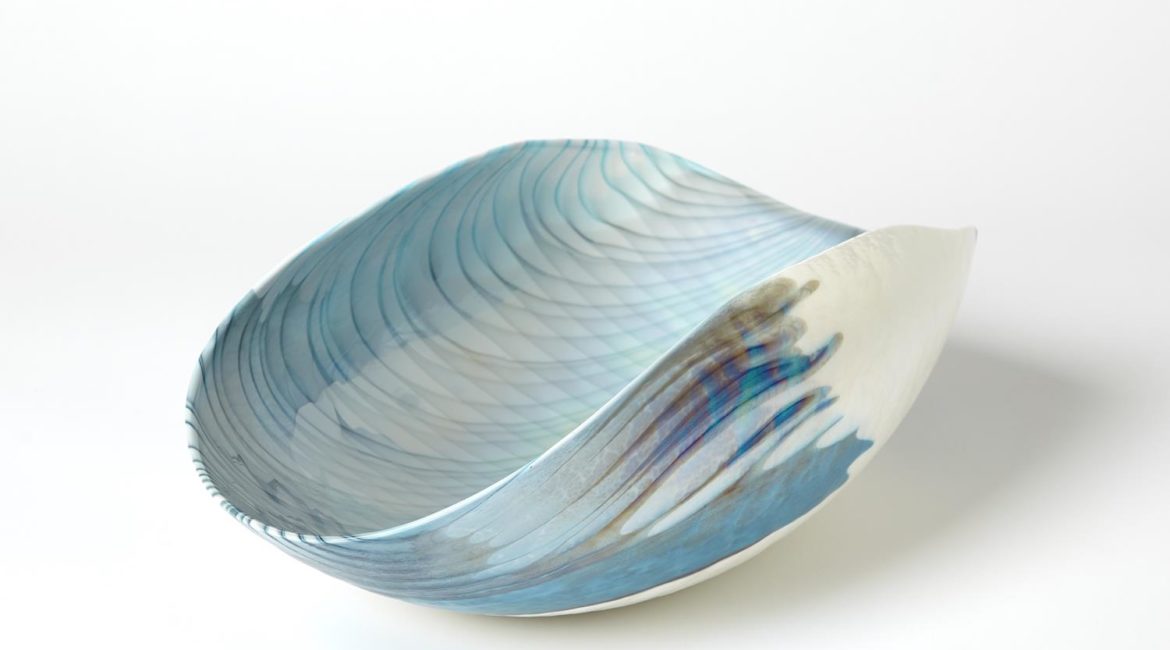 Ivory Turquoise Feather Swirl Oval Folded Bowl