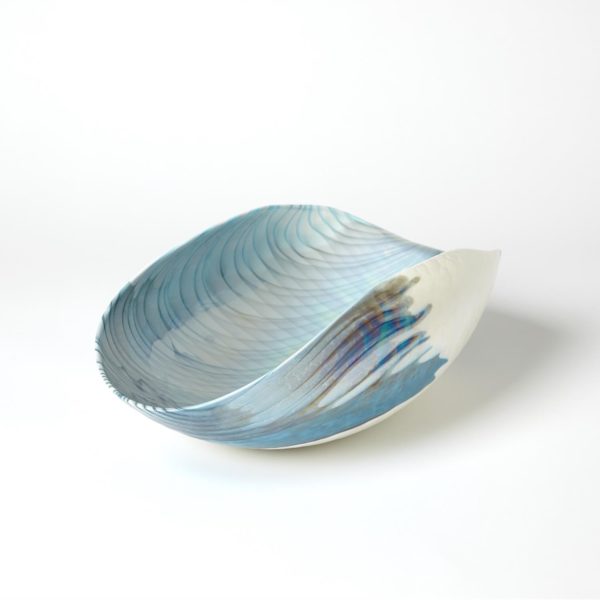 Ivory Turquoise Feather Swirl Oval Folded Bowl