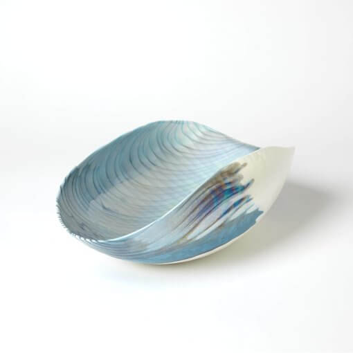 Ivory Turquoise Feather Swirl Folded Murano Glass Bowl - Image 4