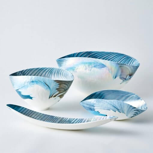 Ivory Turquoise Feather Swirl Folded Murano Glass Bowl - Image 3