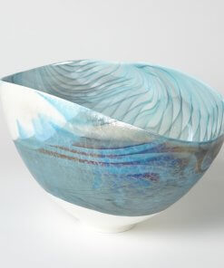 Ivory Turquoise Feather Swirl Murano Glass Oval Bowl (Small)