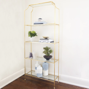 Chloe Etagere in Gold Leaf finish and glass shelves.