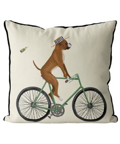 Boxer on bike pillow cream background side